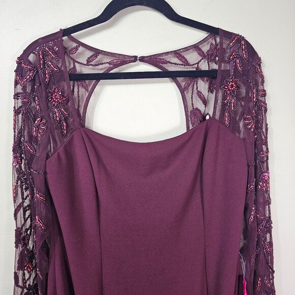 Adrianna Papell Beaded Mermaid Dress Gown Sz 16 Burgundy Mesh Sleeves Formal - Picture 7 of 16
